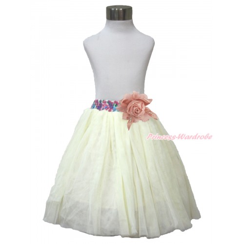 Light Pink Rose With Rainbow Floral Fusion Waist Cream White Chiffon Maxi Skirt B264